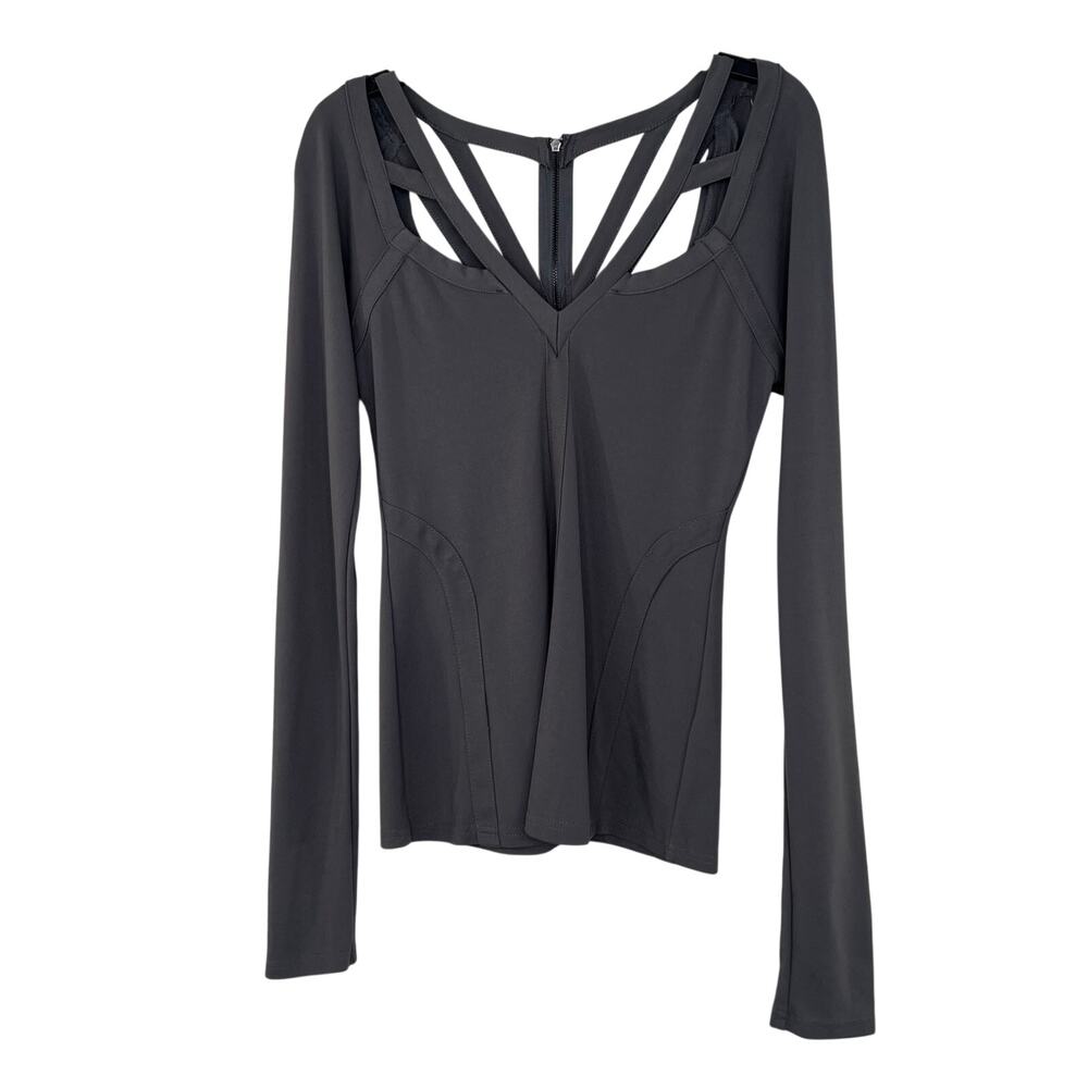 Red by BKE Knit Top S Charcoal Gray Cage Back V Neck Cutouts Exposed Zipper